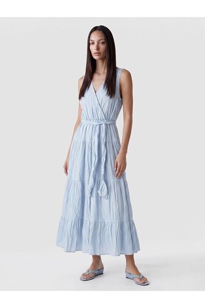 LC Waikiki Lcwaikiki Classic Blue Double-Breasted Collar Belted Layered Dress
