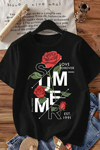 Spoyi Rose Forever dizajnirana 100% pamučna polu-oversize crna majica T-XL