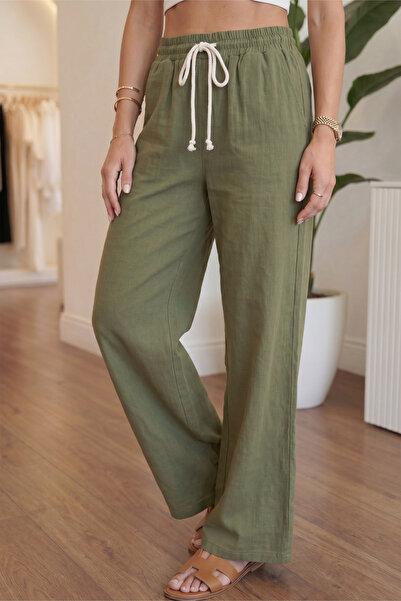 Veleno Women's Khaki Muslin Palazzo Pants Wide Leg High Waist