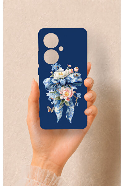 Vip Case Oppo Reno 11F Uyumlu Mavi Kurdeleli Çiçek Desenli Silikon Kılıf