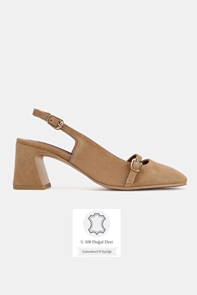 TUNAELLİ Women's Mink Suede Genuine Natural Leather Thick Heel Open Back Shoe...