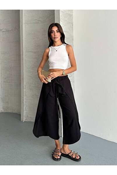 Butik Beyza Layered Look Wide-Legged Trousers with Tie-Up Detail