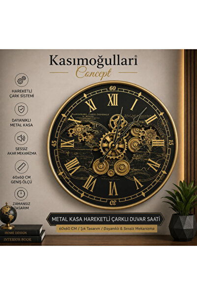 kasımoğulları concept Metal Kasa Hareketli Çarklı Duvar Saati – Dekoratif Vin...