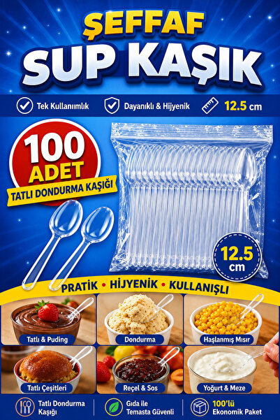 maycup Sert Plastik Şeffaf Sup Tatlı Kaşığı 12.5 Cm 100 Adet Mısır Kaşığı / D...