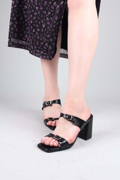 Birikon Bi̇lti̇ Double Buckle Heeled Slippers Black