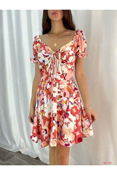 Modafeminen Desen7 Square Neck Short Sleeve Floral Mini Summer Dress 581722