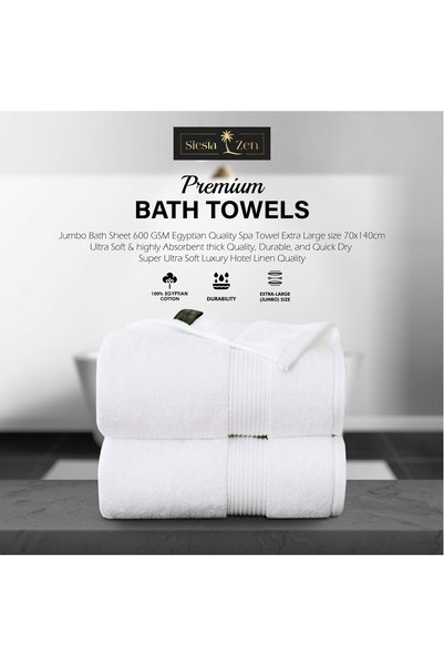 Siesta Zen Premium 100% Egyptian Cotton Bath Towel 70x140cm, Super Soft & Absorbent Towels, 600 GSM, Luxury Spa Hotel Quality, Quick Dry, Fade Resistant (Pack of 2)
