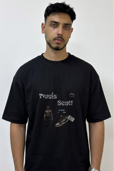 Anetos Travis Scott_100 Design Printed Oversize Black T-Shirt