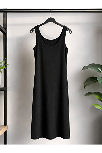 Parkur Thick Strap Ribbed Modal Midi Dress – Black
