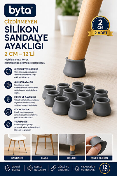BYTA 12'li 2 cm Silikon Sandalye Ayaklığı Çizdirmez Ses Önleyici Zemin Koruyu...