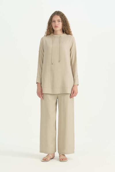 Nihan Sleeve Detailed Lyocell Trousers Tunic Set - Beige