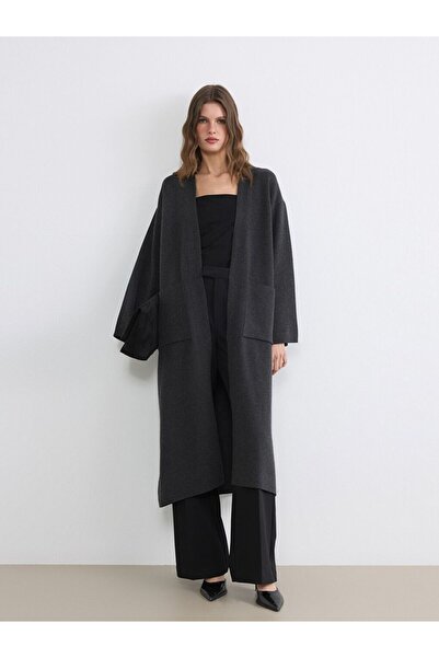 LC Waikiki LCWAIKIKI Classic Antrasit Şal Yaka Oversize Kadın Triko Hırka