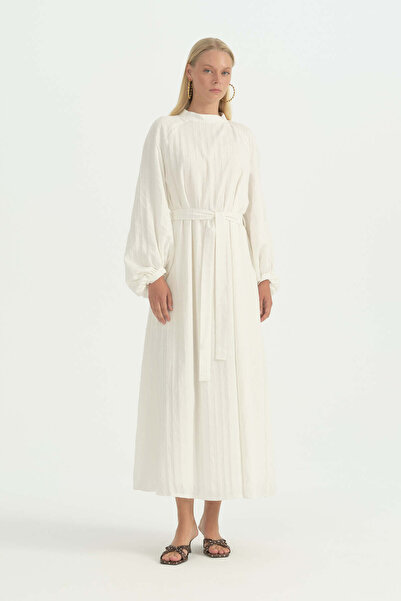 Nihan Balloon Sleeve Belted Brode Dress - Ecru