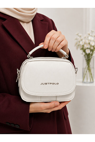 Just Polo حقيبة يد وكتف نسائية بيضاء أنيقة بحزام طويل مع إكسسوارات