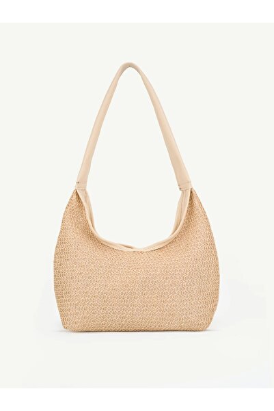 Beshora Stella Beige Wicker Vintage Double Zipper Women's Hand and Shoulder Bag