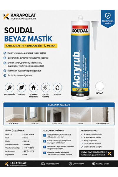 KARAPOLAT Soudal Beyaz Akrilik Mastik 280 ml Boyanabilir Dolgu Mastiği İç Mek...