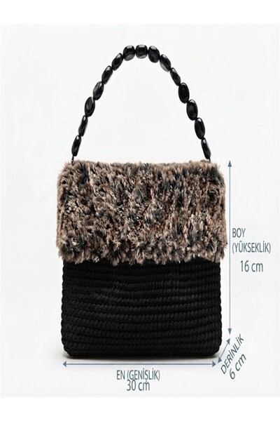 NOBRENT Handmade Black Knitted Bag with Plush Detail - Stylish and Elegant De...