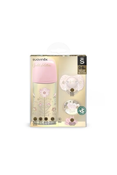 Suavinex GOLD SET BIBERON 270ML + SUZETĂ 0-6L + LĂNȚIȘOR ROZ