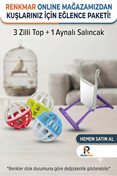 renkmar 3 Bird Balls with Bells and 1 Bird Swing with Mirror - Bird Play Set