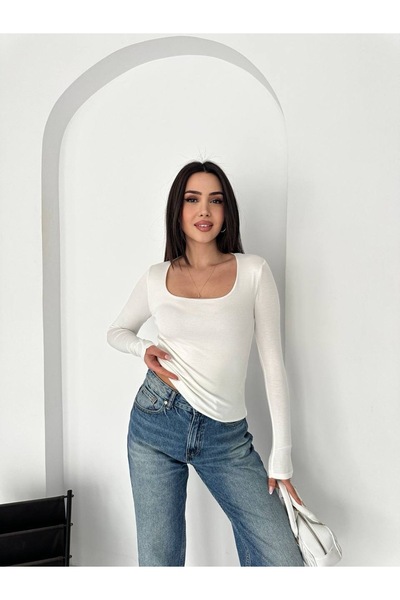 Jöns Butik قميص نسائي أساسي بأكمام طويلة وياقة مفتوحة من قماش مرن بقصة ضيقة