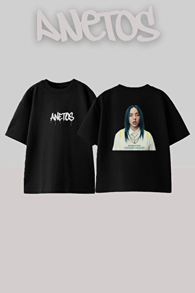 Anetos Μπλουζάκι Billie Eilish_71 με τυπωμένο σχέδιο, Unisex, Oversize, Μαύρο