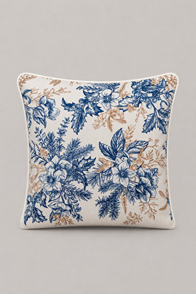 LUX VIE Blue Porcelain Floral Patterned Ribbed Raschel Knitted Velvet Woven T...