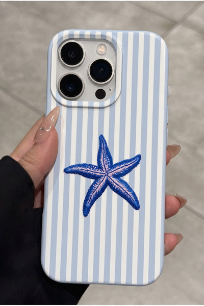 KVK PRİVACY iPhone 16 Pro Max Uyumlu Mavi Deniz Yıldızı Desenli Çizgili Kadif...