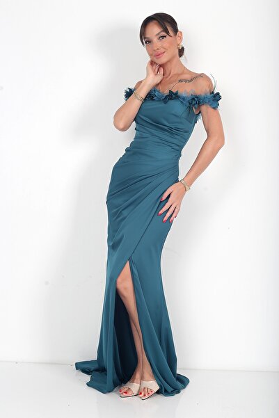 By Saygı Women's Floral Madonna Collar Draped Lined Crepe Satin Long Dress