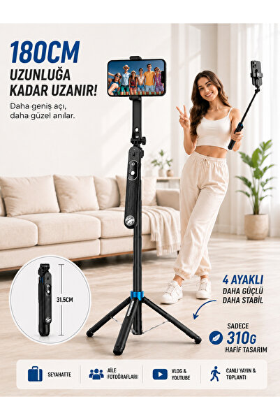 DEANB 180cm Bluetooth Kumandalı Telefon Tripodu 360° Ayarlanabilir Selfie Çub...