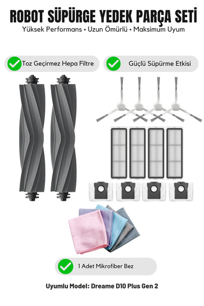 Asgard Grup Compatible with Dreame D10 Plus Gen 2: 2 Main Brushes, 4 White Si...