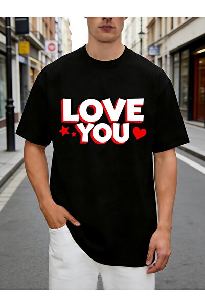 23 nisan Casual Style Men'S T-Shirt Love You Text with Stars Heart Design Eve...