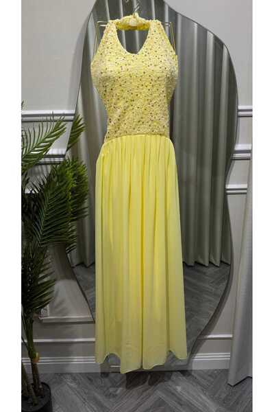 SAMEERAH STYLE Lemon Yellow Evening Dress with Beads and Sequins