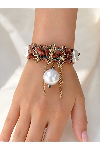 ORENDAJEWELRY Doğal Yıldız Taşı Deri Bileklik İnci Detaylı El Yapımı Bohem Ta...