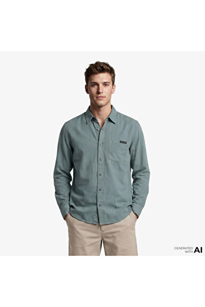 Calvin Klein Solid Casual Linen Classic Erkek Yeşil Gömlek