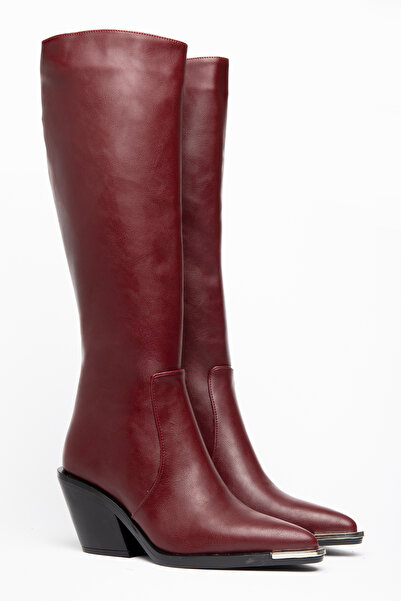 DENORA Burgundy Matte Leather Metal Toe Cap Below the Knee Flat Zippered West...