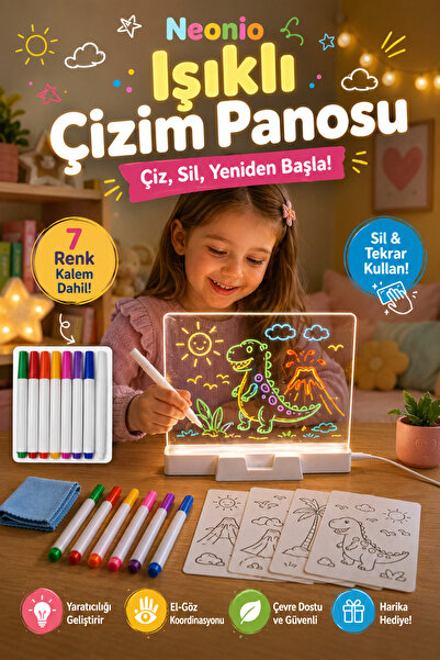 Neonio Işıklı Çizim Tahtası Büyük Boy 7 Kalem Hediyeli