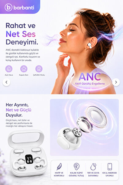 Barbanti ANC 2’si 1 Arada Kablosuz Bluetooth Kulaklık Kulak İçi ve Kulak Klipsli Tasarım Bluetooth 5.4 LED Göstergeli