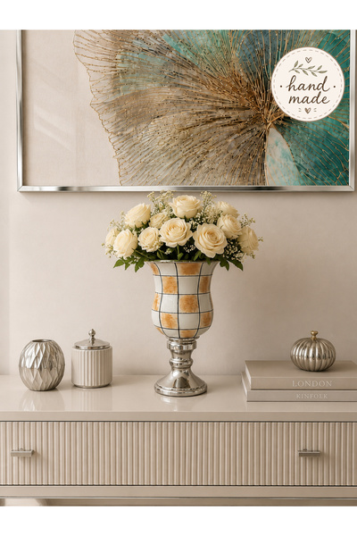 daiza home Dekoratif Hand Made El İşi Çan Vazo Damalı Kahverengi GÜMÜŞ
