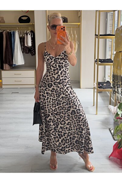 H&H COLLECTION İnce Ayarlanabilir Askılı Leopar Desen Elbise