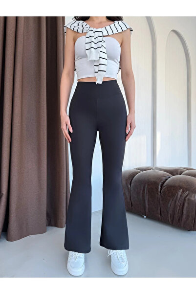LEVEL HİGH Women's Black High Waist Gathering Elastic Spanish Leggings
