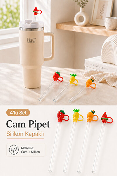 Poomy 4'lü Set Borosilikat Cam Pipet Meyve Figürlü Silikon Kapaklı Termos Ve ...