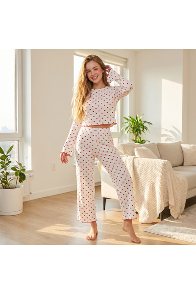 OEM Set pijama două piese pentru damă cu print inimioare, bluză cu mânecă lun...