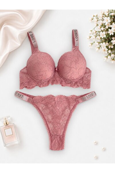 Gold Night Women's lace rhinestone underwire padded push-up bra and panty set...