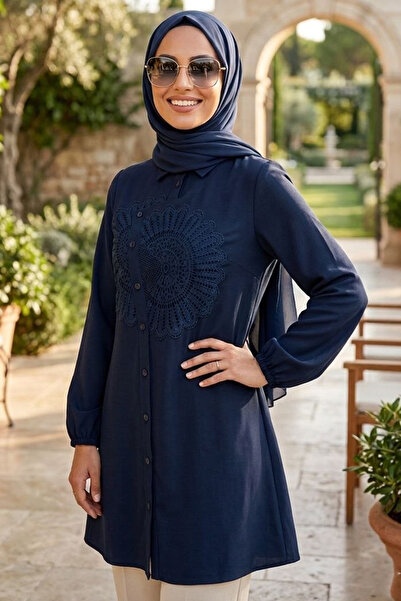N.S NEVA STYLE Lace Pattern Detailed Navy Blue Hijab Tunic 50381L