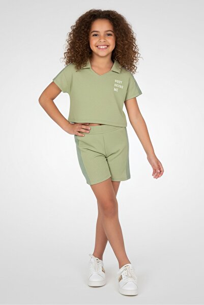 Sunset Sky Kids Girl 2Pcs Textured Top And Shorts, Sage Green
