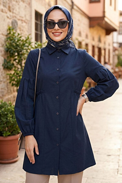 N.S NEVA STYLE Buttoned Navy Blue Hijab Tunic 20377L