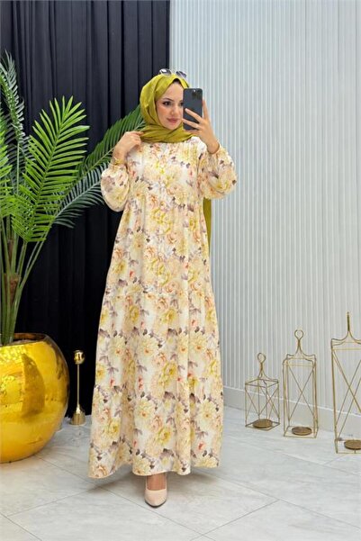 Neşeli Butik kadın sarı boydan düğmeli çiçek desenli yazlık tesettür elbise NMS098