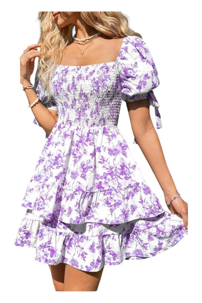 OEM Rochie casual, de vara, alba cu imprimeu mov, S