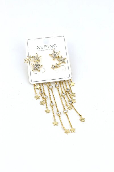Haziran Accessory: Gold Steel Earrings with Zircon Stone Stars and Dangles