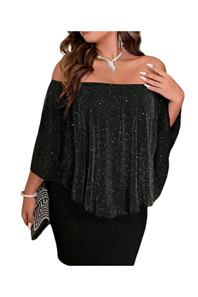 OEM Rochie bodycon, neagra cu sclipici, cu maneci stil pelerina, din bumbac e...